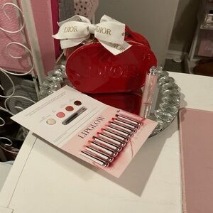 Dior Red Patent Cosmetic Case with White Logo Bow & Full Size Addict Lip Balm